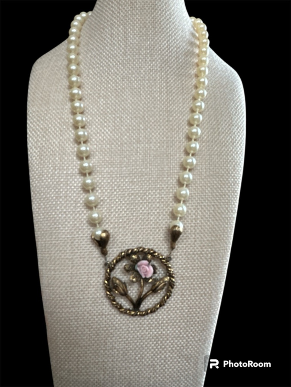 Vintage Porcelain Pink Rose Pendant Necklace